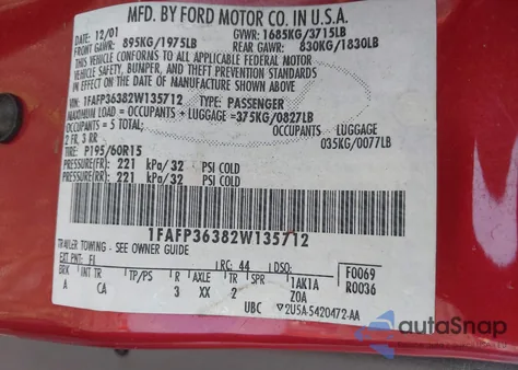 2002 Ford Focus Se/Ztw z USA, uszkodzony, nr VIN 1FAFP36382W135712